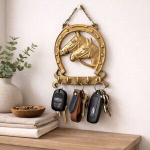 Vintage Brass Horse Head Horseshoe Wall Key Holder With 5 Hooks & Chain